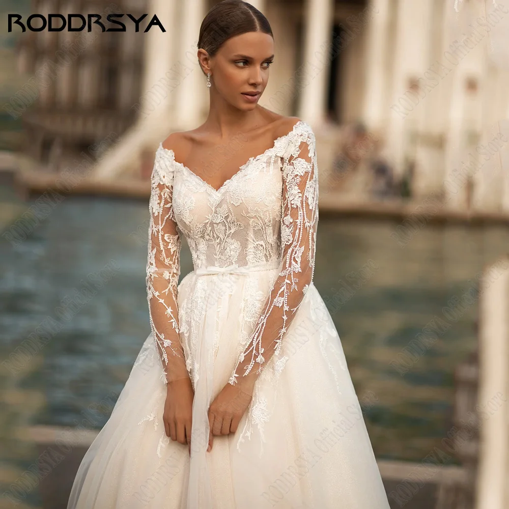 Roddrsya clásico vestido de novia de cuello V de manga larga con caRODDRSYA-vestidos de novia clásicos con cuello en V para mujer, manga larga, apliques de encaje, vestidos de novia, línea A, tul, Túnica Civil de Marie