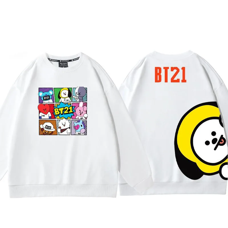 Kawaii Anime Cartoon Bt21 Tata Chimmy Cooky Round Neck Sweatshirt Autumn Winter New Fashion Versatile Tops Couple Shirts Gifts