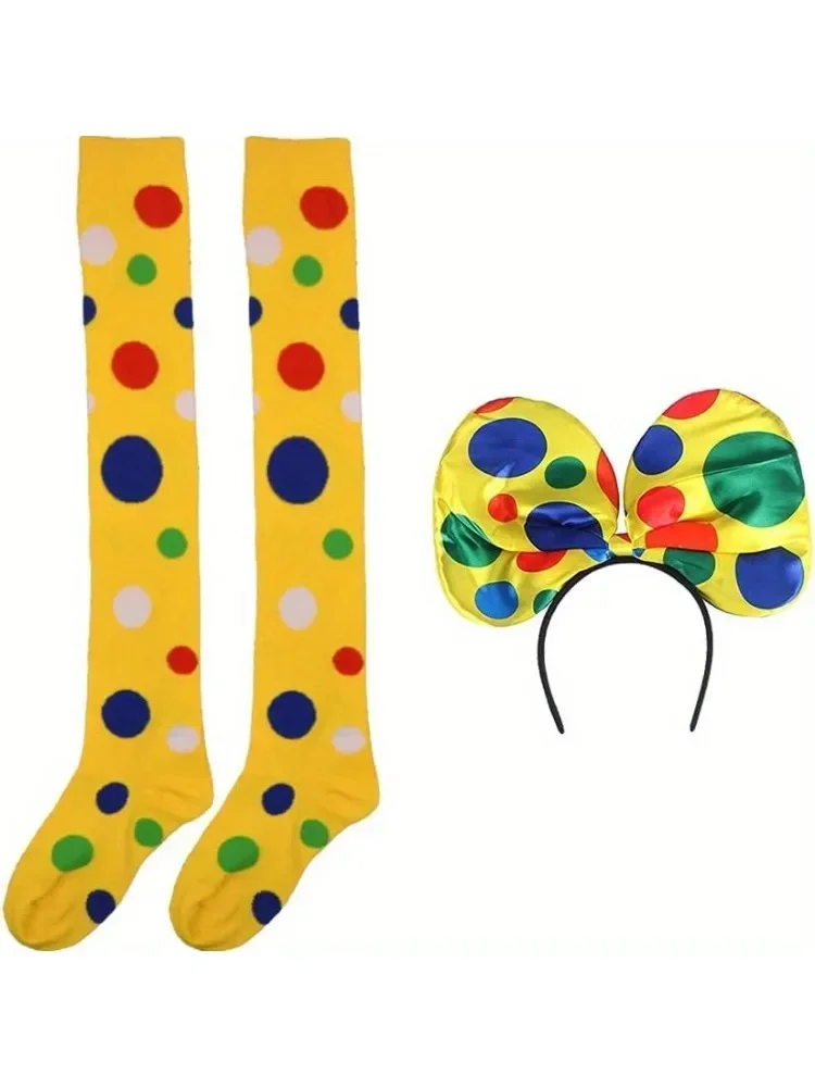 Clown Socks Long Knee High Socks Colorful Vibrant Dot Rainbow Socks with Clown Headband Halloween Carnival Circus Stage Costume