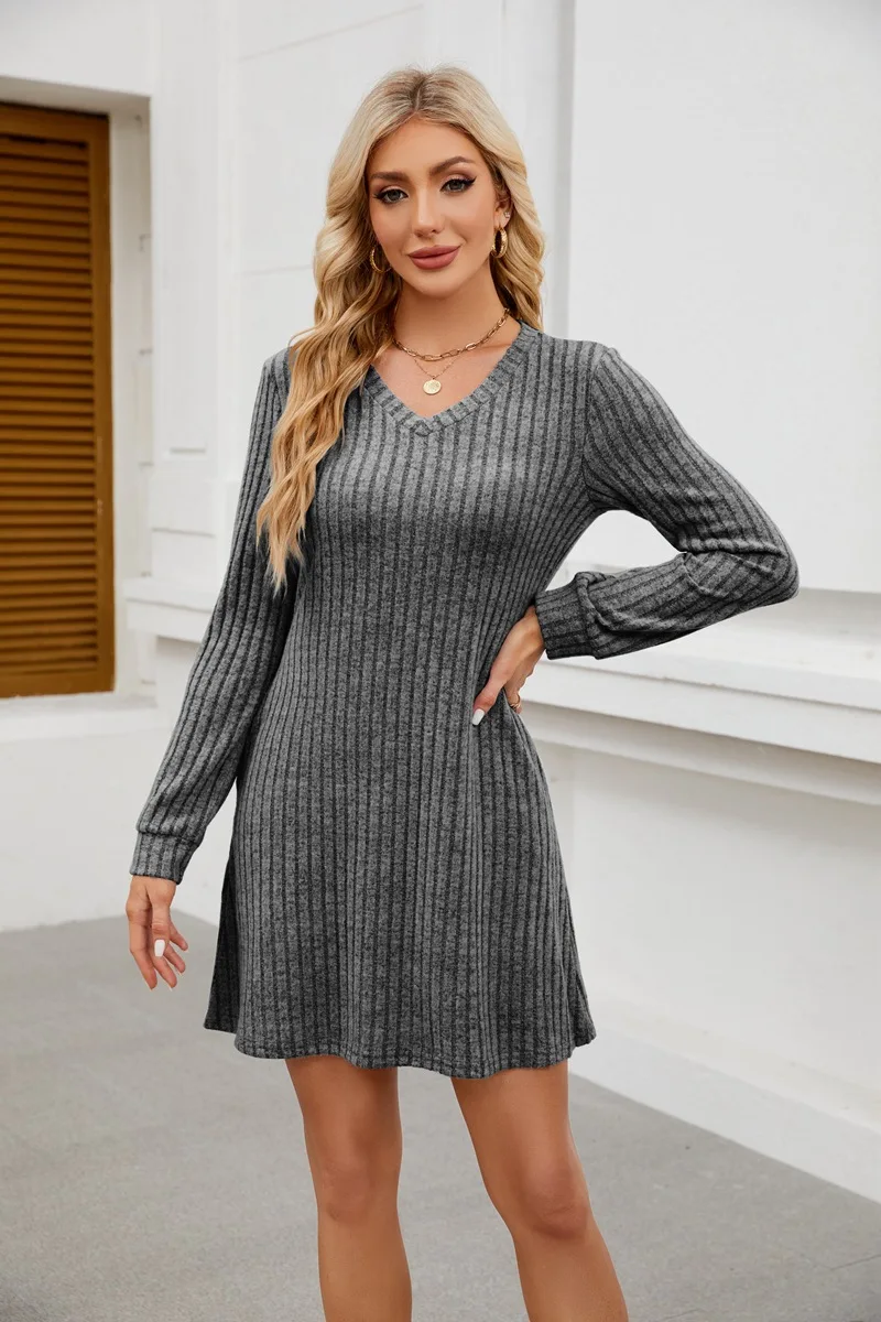 Women's V-neck Pocket Groove Strip Brushed Long Sleeved Casual Dress