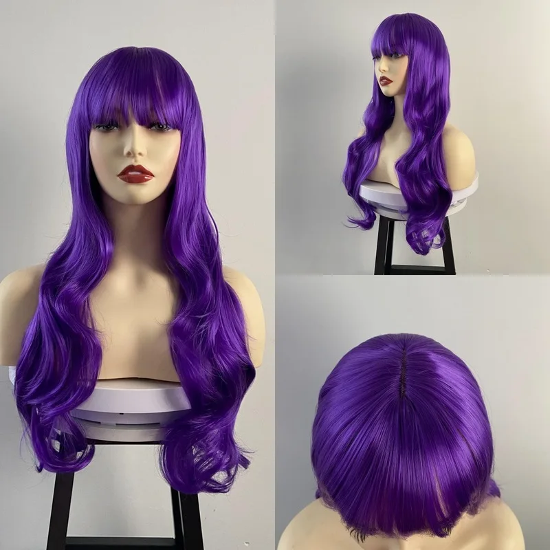 Wig for European and American women, purple large wavy high-temperature synthetic fiber long curly hair, realistic full-head wig