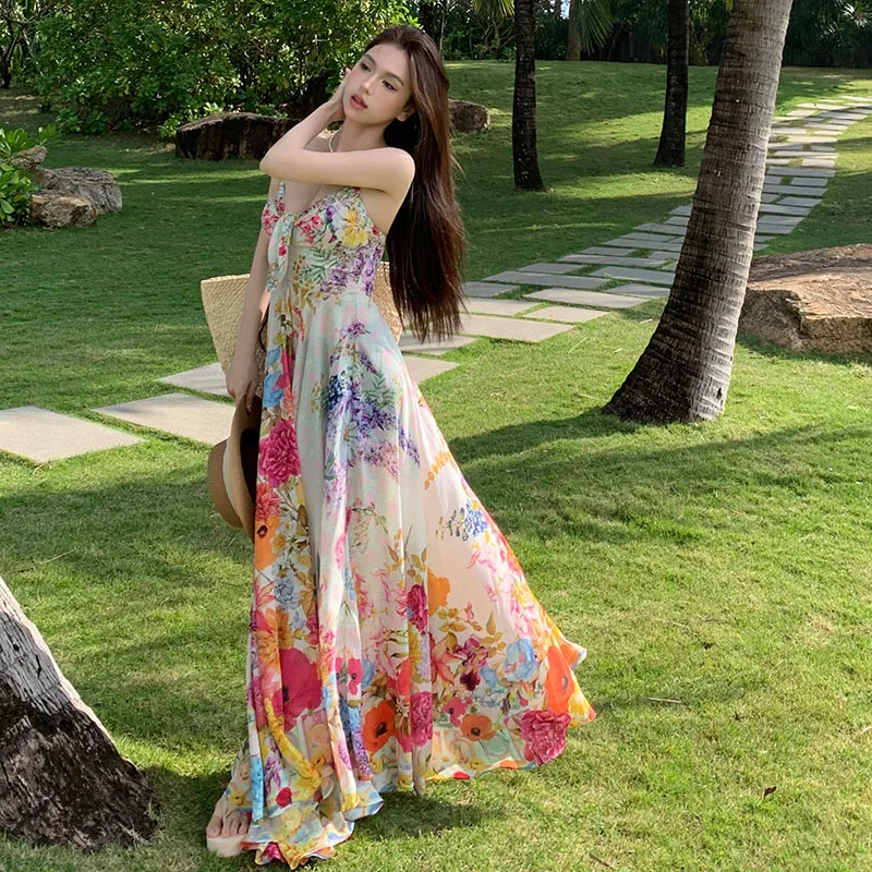Y2K Damen Buntes Blumen-Maxikleid mit Trägern, Boho V-Ausschnitt, Fließendes Chiffon-Strandkleid, Sommer Mode Luxus Urlaub Party 2026