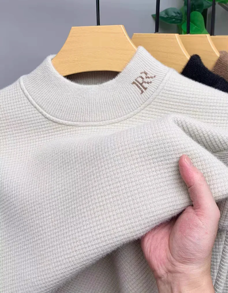 High quality round neck men's knitted sweater autumn winter semi high neck fashion embroidery design Korean loose top pullover