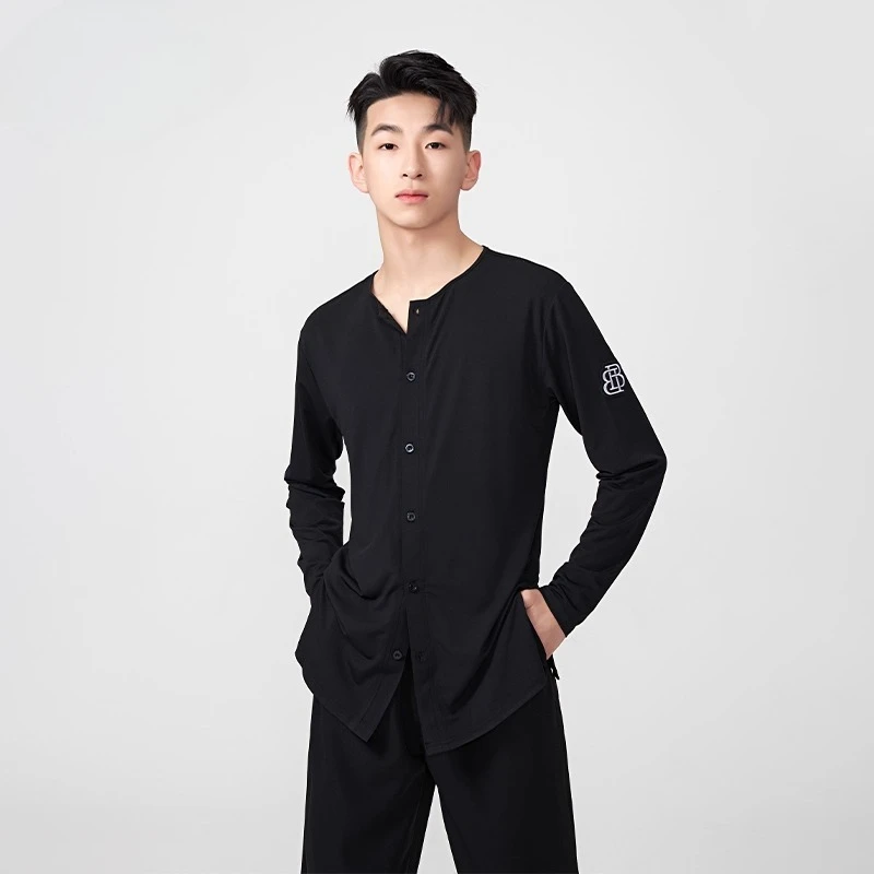 

Мужской костюм для латинских танцев по индивидуальному заказу, свободный топ с длинными рукавами, модная футболка с круглым вырезом, тренировочный наряд для выступлений