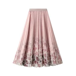 New Spring and Autumn Women's Style High Waist Loose Elastic Gauze Pleated Printed A-Line Trendy Comfortable All-match Skirt