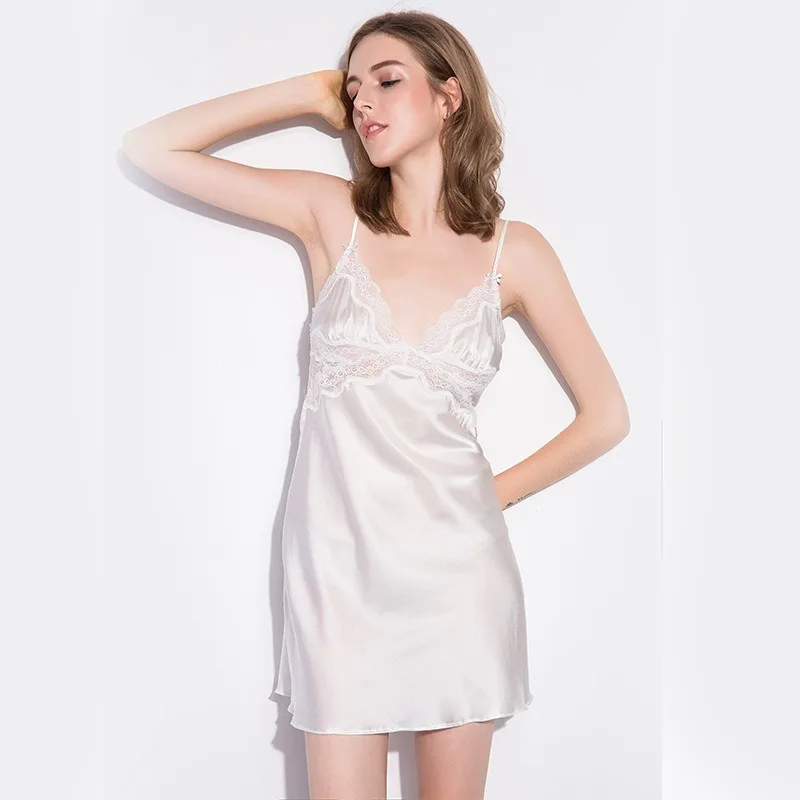 

Women's Summer 100% Mulberry Silk Pajamas Sexy French Lace V Neck Backless Nightdress Suspender Design XL Size Two Pieces Louge
