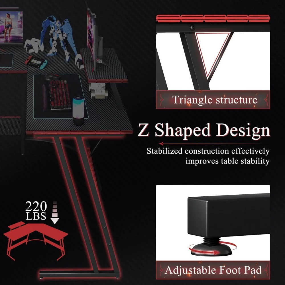 L Shaped Gaming Desk, 51 Inch Computer Corner Table with Large Monitor Stand & Carbon Fiber Surface for Home Office Study Writin