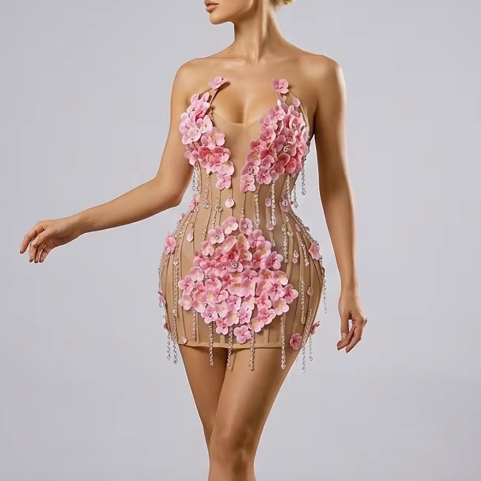 

Sexy Nude Mesh 3D Flower Jumpsuit Crystal Beads Pink Floral Stage Outfit Woman Gogo Original Drag Queen Performance Apparel