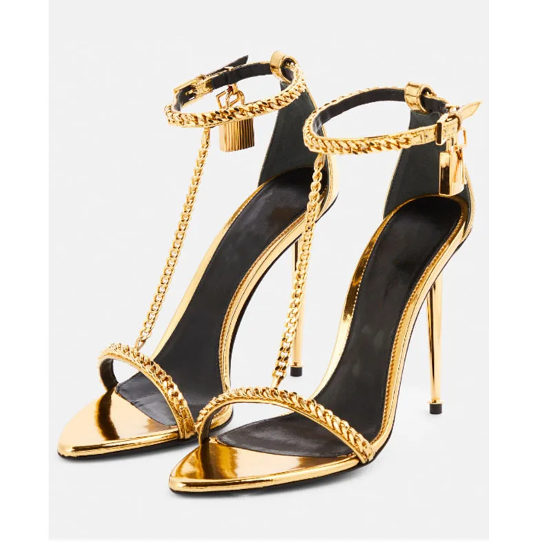 Fashion Metallic Microfiber Women Stiletto Sandals Pointed Toe Chain Ankle Strap Lock High Heel Rubber Sole Sandals F326