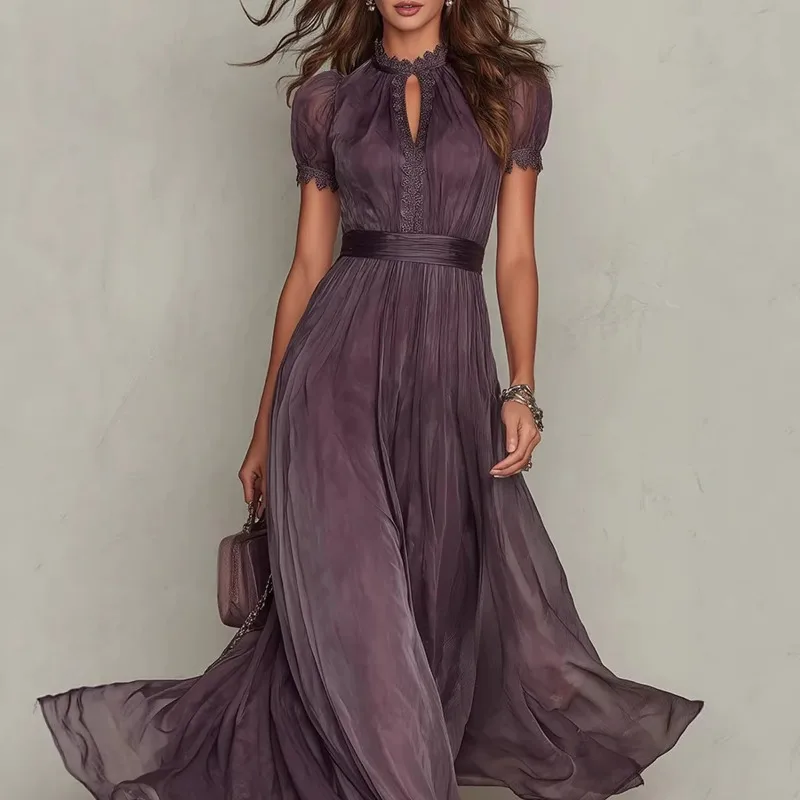 

FL Vintage Spliced Hollow Out Dinner Maxi Dress for Women Stand Collar Lantern Sleeve Pleated Tunic Slit Sexy Dresses Female New