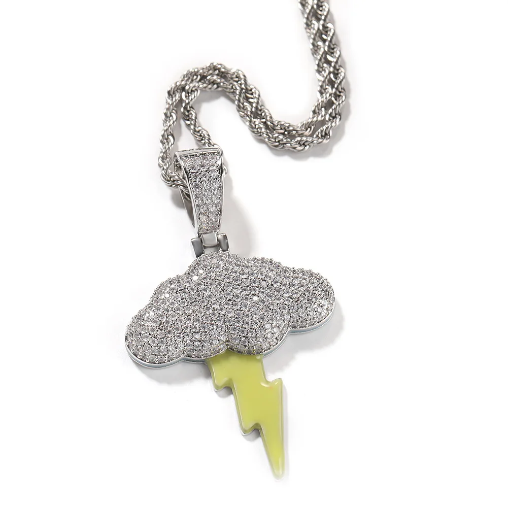 Cloud Yellow Lightning Iced Out Bling Pendant Necklace Mirco Pave Prong Setting Men Women Fashion Hip Hop Jewelry BP090