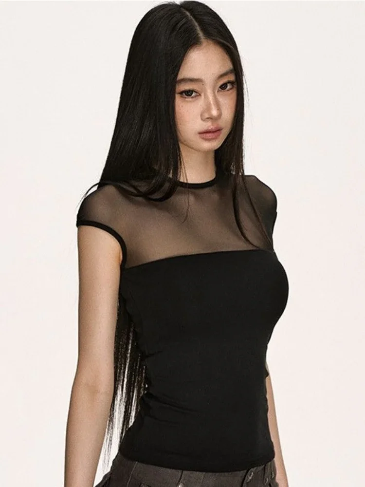 Y2k الشاش المرقعة امرأة بلايز 2025 Ropa Mujer خمر مثير كل مباراة موضة تيز الصيف شيك سليم صالح قصيرة الأكمام تي شيرت