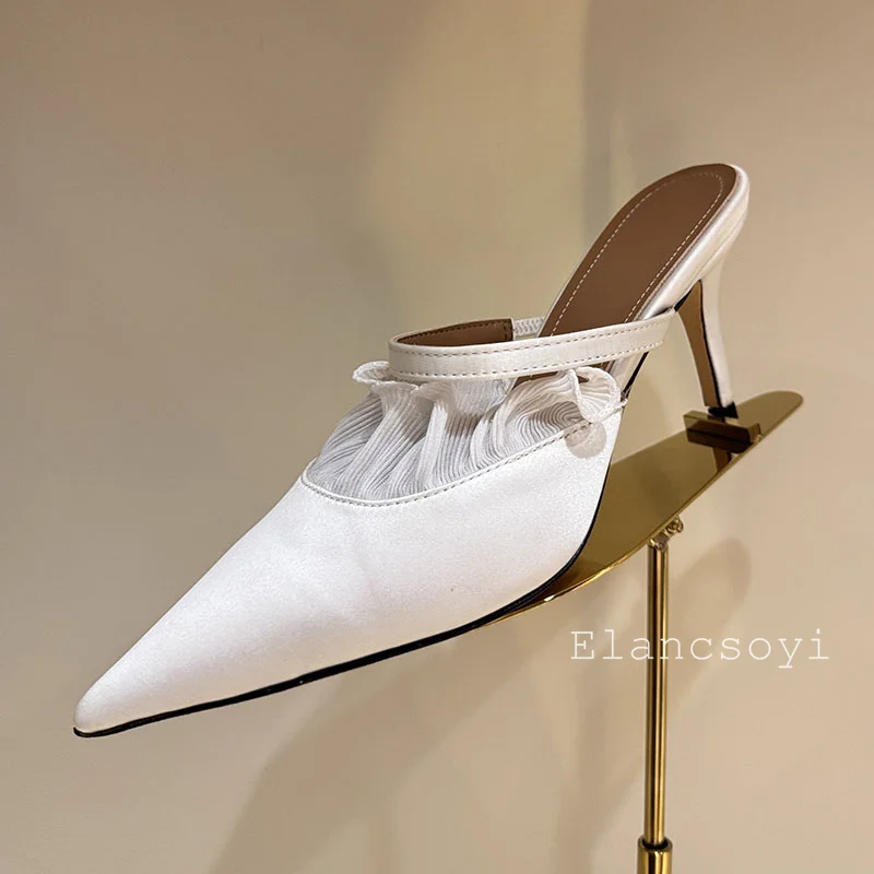 High Heels Slippers Women's Satin Lace Ruffled Thin Heels Sandals Pointed Toe Lazy Mules Shoes Summer Sexy Outdoor Half Slippers