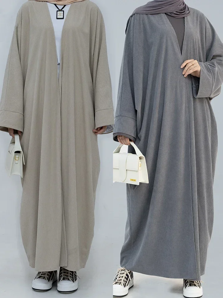 Autumn Winter Corduroy Muslim Abaya for Women Eid Dress Cadigan Long Robe Saudi Arabic Abayas Kaftan Vestidos Morocco Caftan