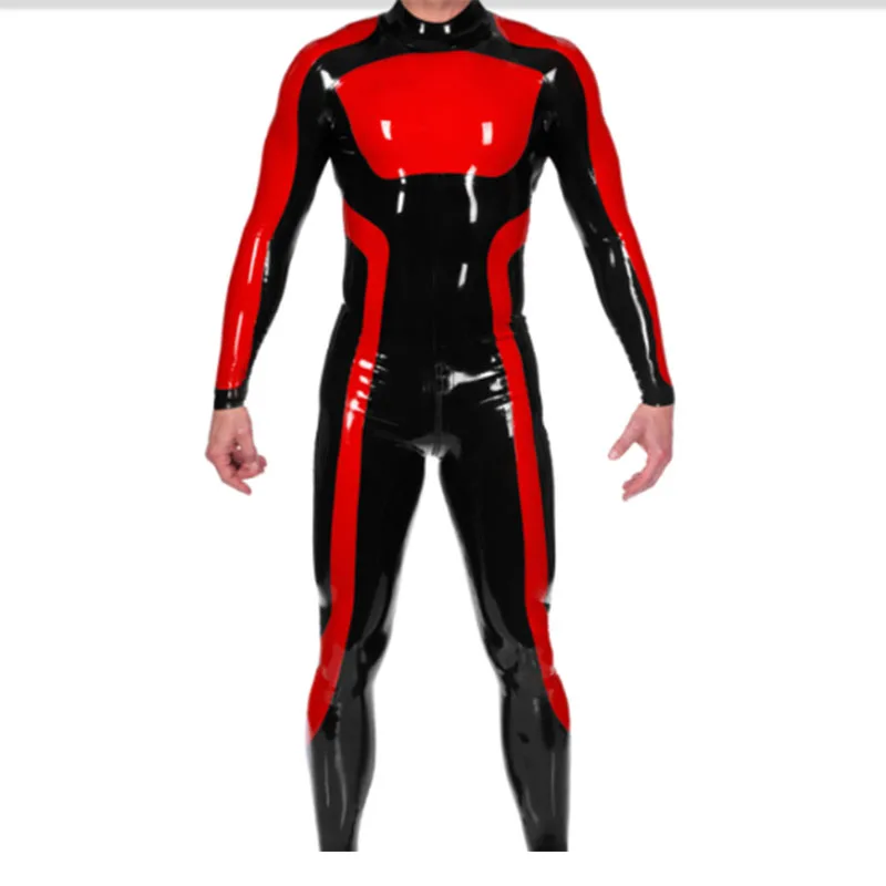 Catsuit de látex hecho a mano para hombre, traje fetiche con cremallera trasera, color negro y rojo, tamaño de goma de 0,4mm, XXS-XXL