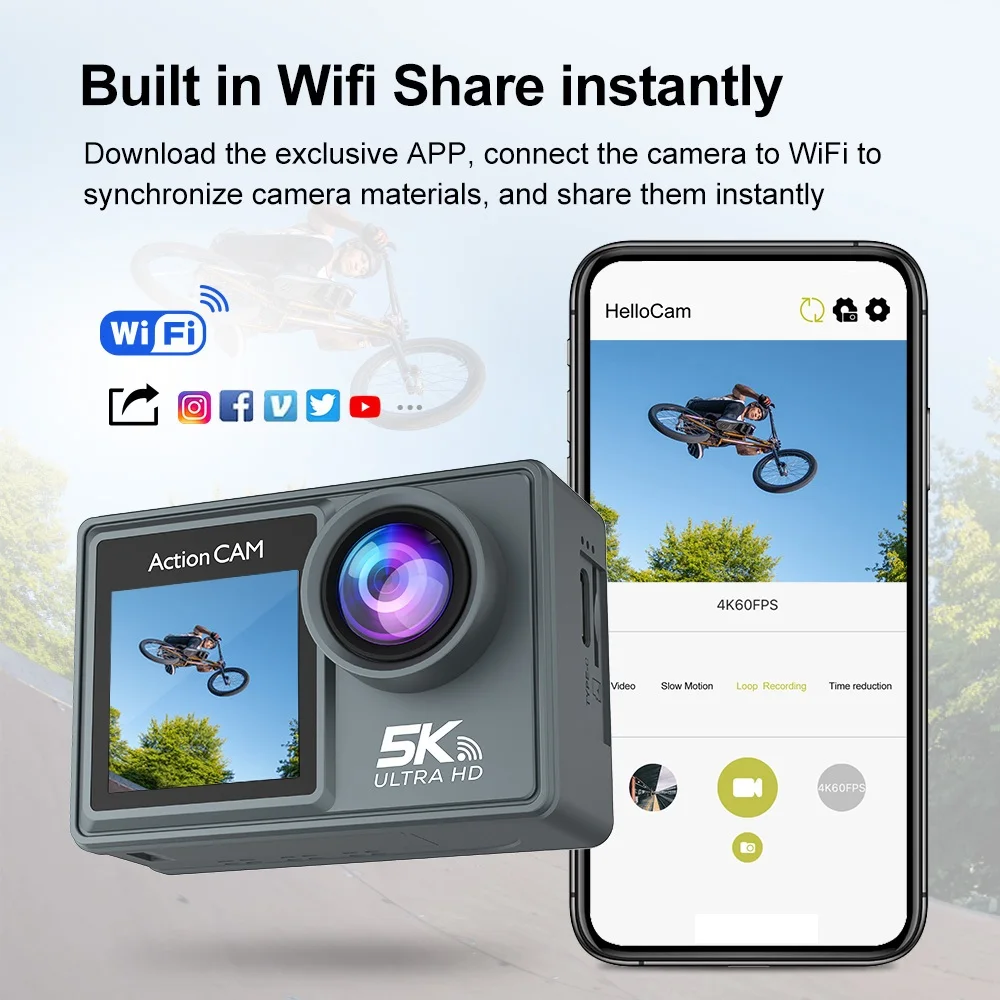 عالية الوضوح 5K زر شاشة مزدوجة الرياضة DV WIFI التحكم عن بعد في الهواء الطلق كاميرا مقاومة للماء كاميرا الغوص