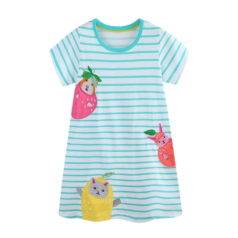 2026 New Summer Girls Dress for Girls 2-7T Striped Animals Applique Toddler Short Sleeve Party Children's Frocks Baby Dresses