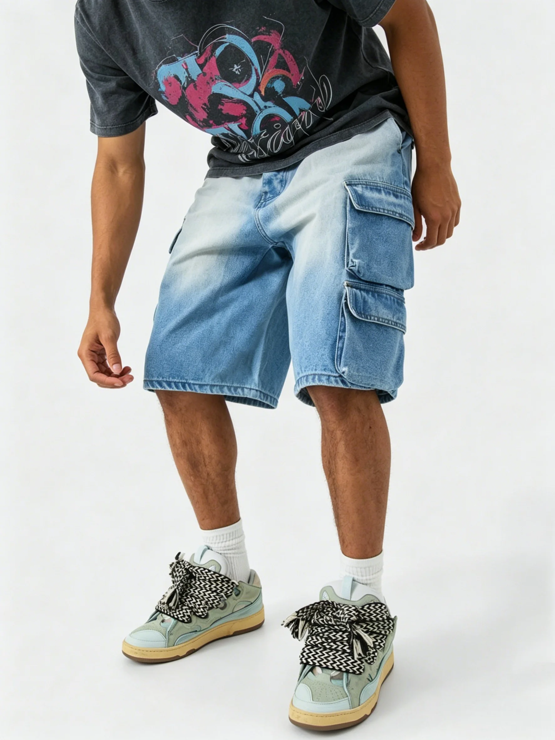Men's Denim Shorts Y2K Gradient Faded Washed Loose Cargo Denim Shorts Knee-Length Multi-Pocket Hip-Hop Street Style Denim Shorts