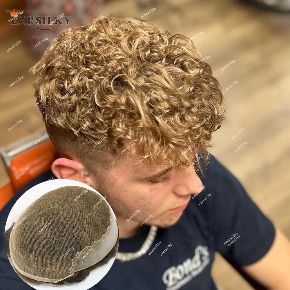 

20mm Men's Permed Curly Toupee Ash Blonde Brown Durable Q6 Base Lace Front Bleached Knots 100% Virgin Human Hair Wigs Prosthesi