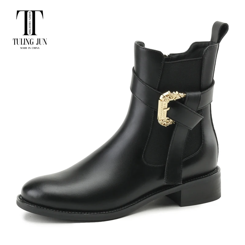 

TULING JUN Winter 2023 Mature Woman Round Head Solid Colors Chelsea Ankle Boots Med-Heel Concise Shoes For Female T-K691