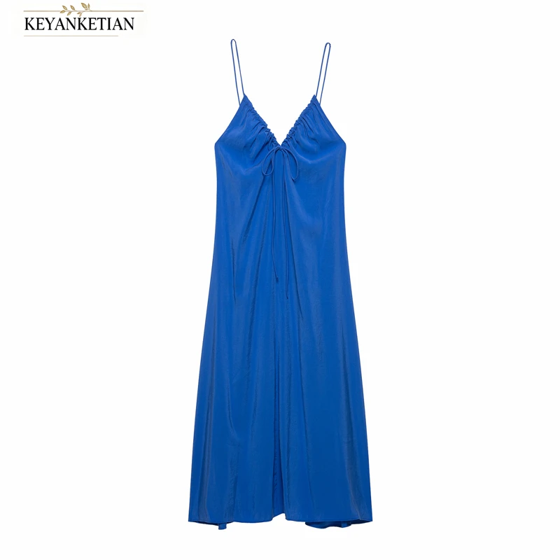 KEYANKETIAN 2026 Women Blue Cami Midi Dress Thin Spaghetti Straps V Neck Drawstring Front Ruched Flowy Casual Sleeveless Dress