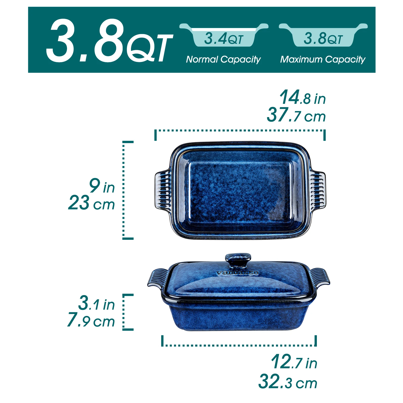 Vancasso Starry 3.8/1.9 Quart Blue Casserole Baking Dish Large Lasagna Pan with Lid Stoneware Casserole with Lid Microwave