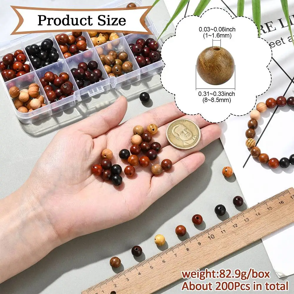 200pcs Wooden Round Beads Box Set Multiple Color Spacer Loose Wood Beads DIY Bracelet Necklace Jewelry Making Craft Accessories