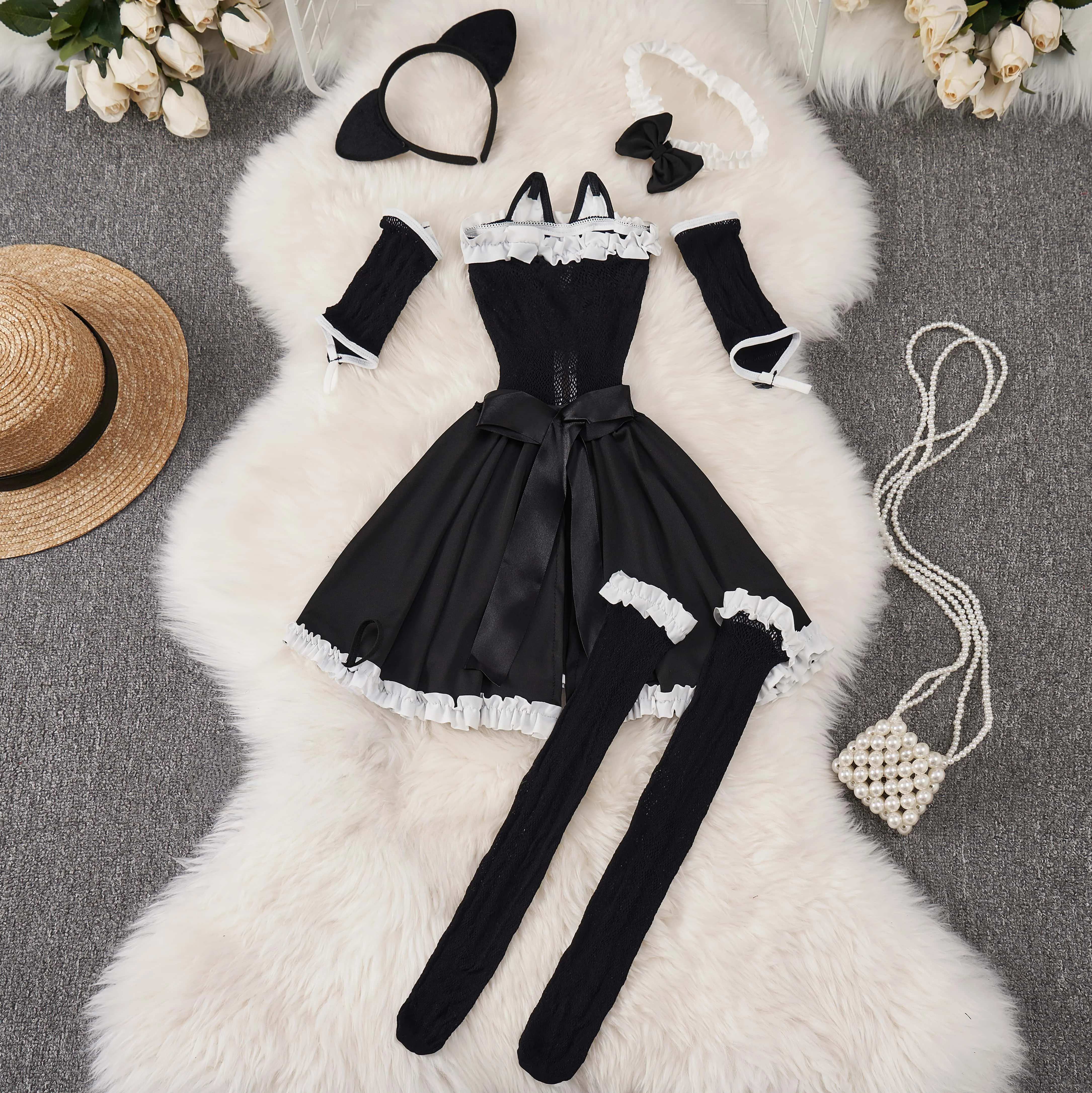 Y2K Lolita Damen Minikleid Trägerloses Rüschenkleid mit Schleife Plissierter Rock Wickelkleid Hotweet Süßes Ballkleid Sexy Club-Party Schwarzes Kleid – Detail 2