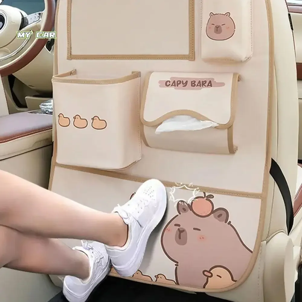 

Genuine Leather Capybara Car Storage Bag Wear-resistant Car Seat Back Protector Cover Car Storage Box Cartoon Kawaii
