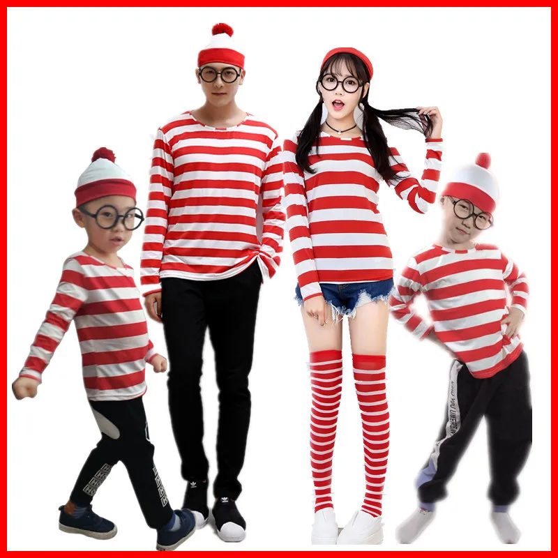 Wheres Waldo-Chemise rayée pour jeunes garçons, costume de Wally, lunettes et chapeau, chaussettes, cosplay d'Halloween unisexe