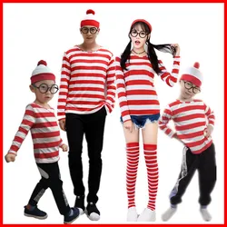 Wheres Waldo-Chemise rayée pour jeunes garçons, kostium de Wally, lunettes et chapeau, chaussettes, cosplay halloween unisexe