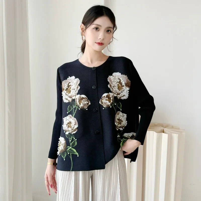 

Miyake Pleated Jacket 2026 New Pearl Round Neck Long Sleeve Cardigan Top T-Shirt Minimalist Plus Size Stretch Women's Clothing