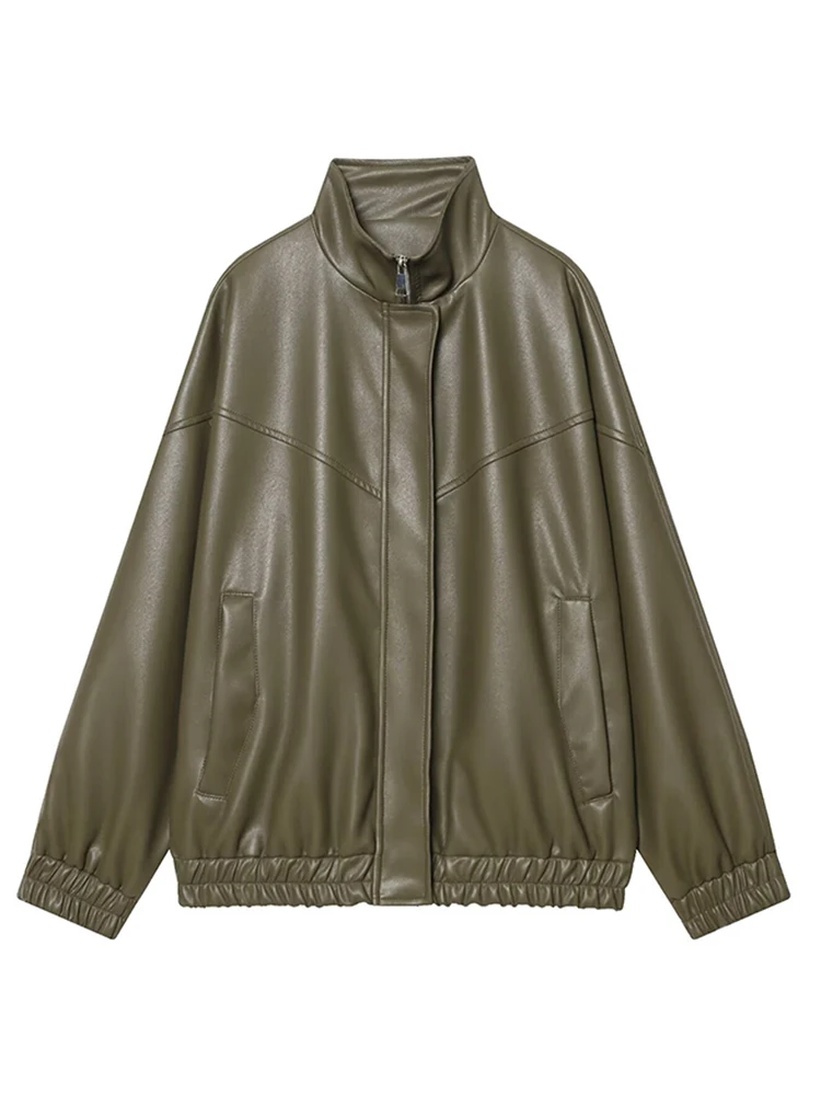 Giacca bomber da strada in ecopelle da donna colletto alla coreana cerniera tasca a maniche lunghe cappotto solido femminile tagliente casual capispalla da donna 2026