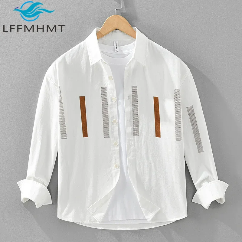 

2441 Spring Summer Fashion Men's Casual Shirt 100% Cotton Good Quality Long Sleeve Loose Lapel Blouse Striped Print Leisure Tops