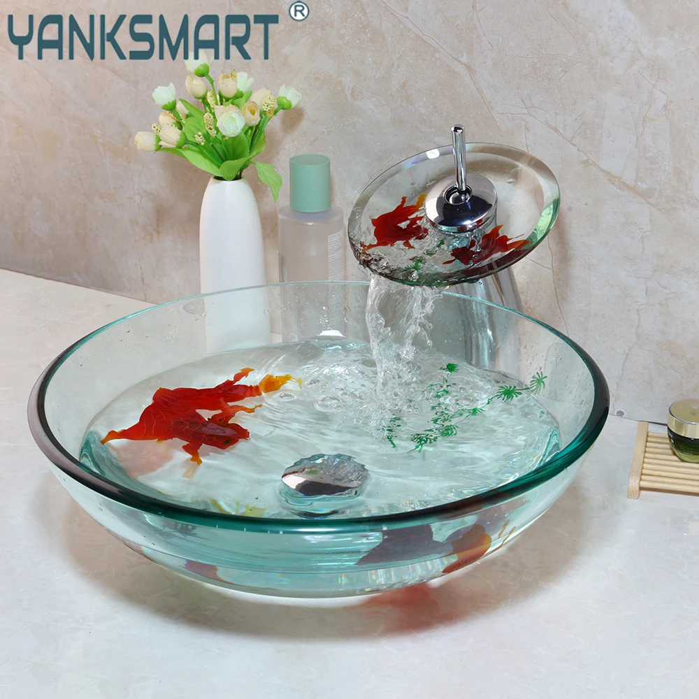 YANKSMART Round Tempered Glass Bathroom Basin Sink Deck Mounted Washbasin Vessel Vanity Waterfall Faucet With Pop up Drain Set