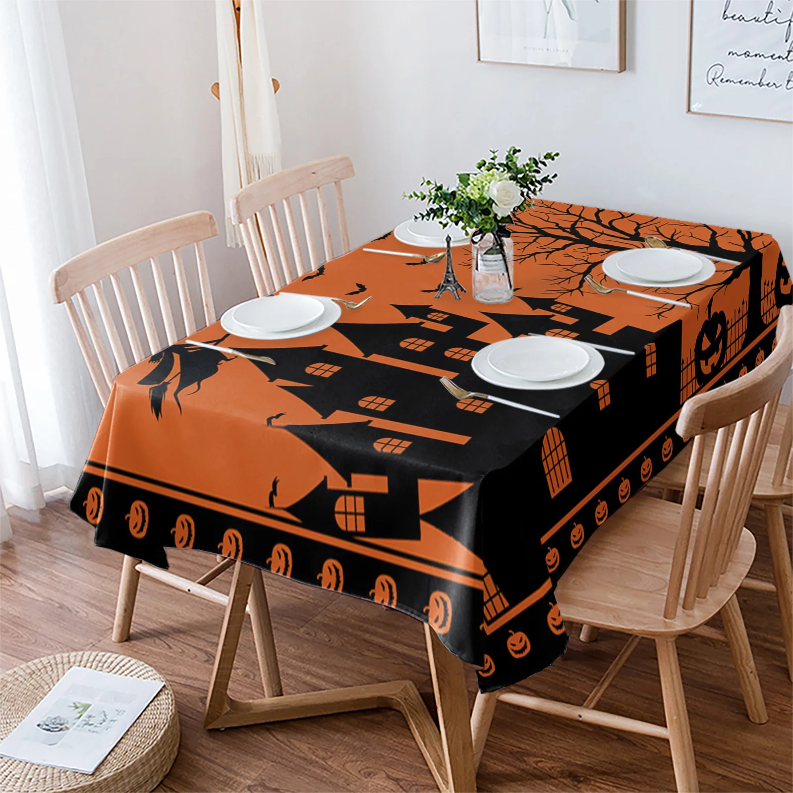 Halloween Waterproof Tablecloth Pumpkin Tree Witch Orange Kitchen Dining Table Cover Wedding Party Home Decoration