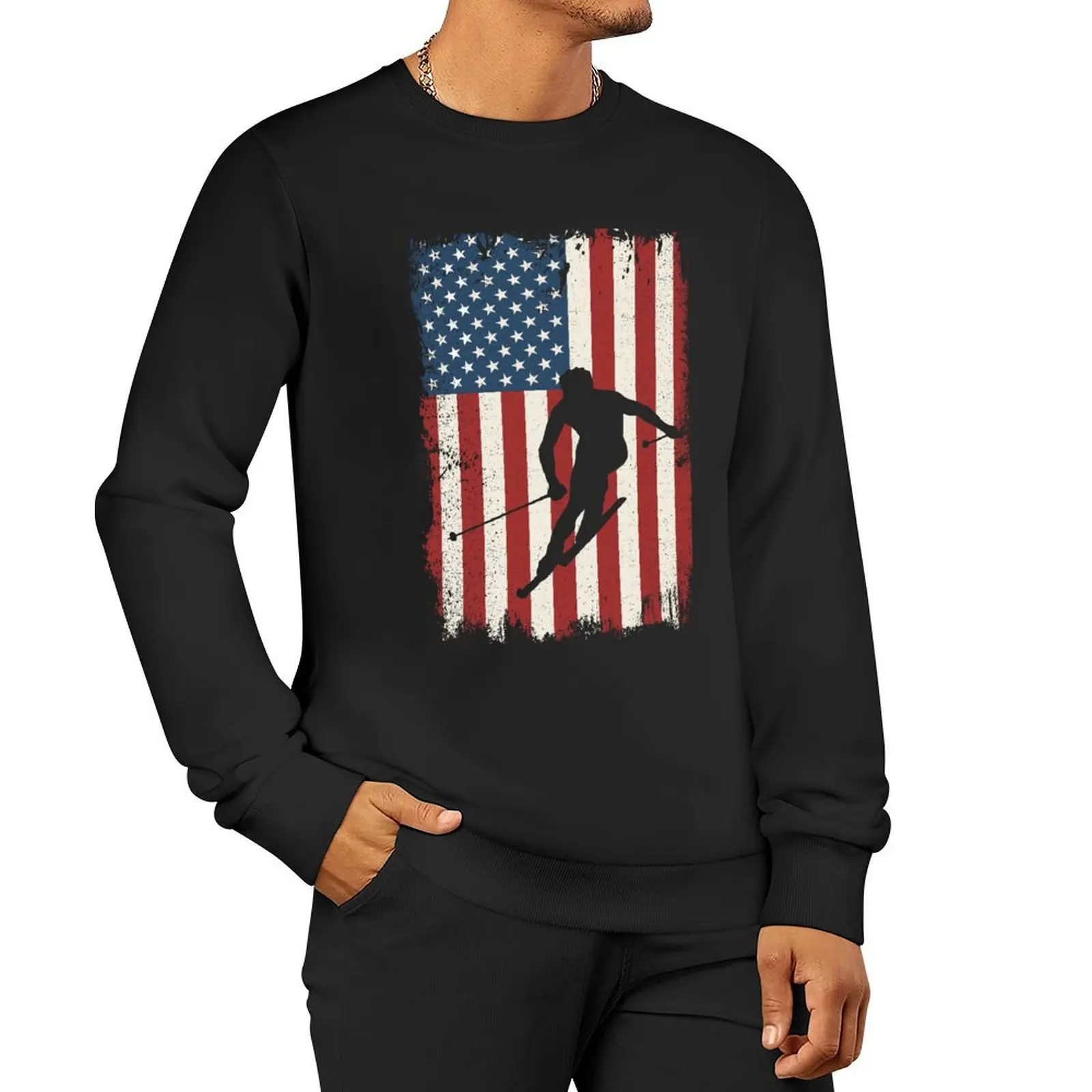 

Skiing USA American Flag Ski Lover Snowboarding Winter Kids Pullover Hoodie men wear men's winter sweater sweatshirt