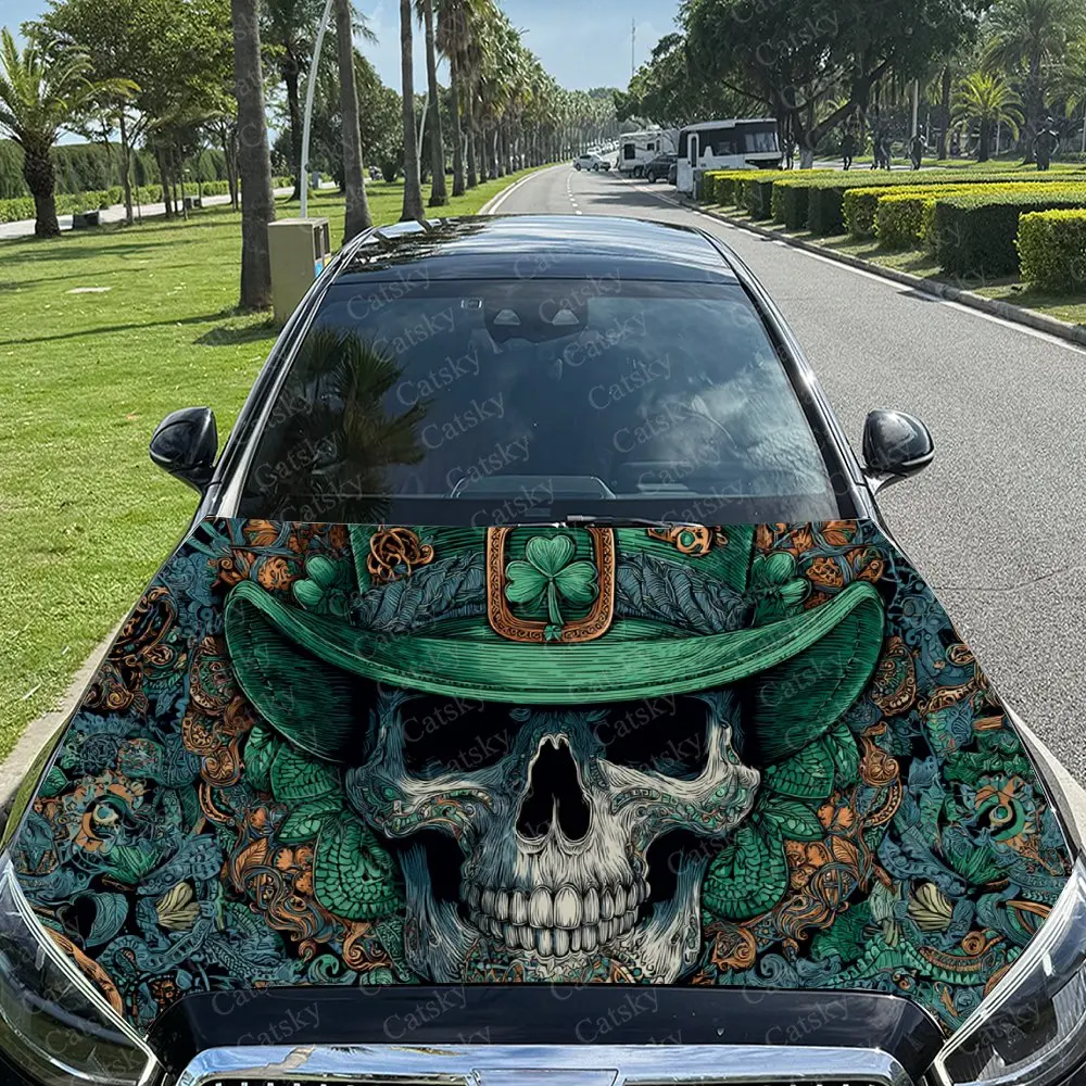 Car Decal Artistic Fusion of Skull, Green Patterned Top Hat and Ornate Floral Elements in Dark Gothic Style Car Hood Sticker, Wa