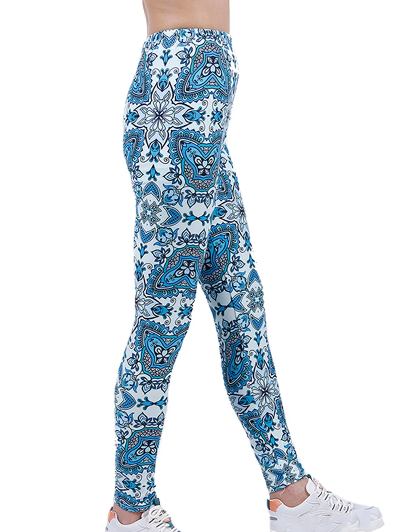 Blue White Geometric Casual Tight Fitting Women\'s Leggings For Healthy Height Stretch Running Sports And Exercise Cropped Pants
