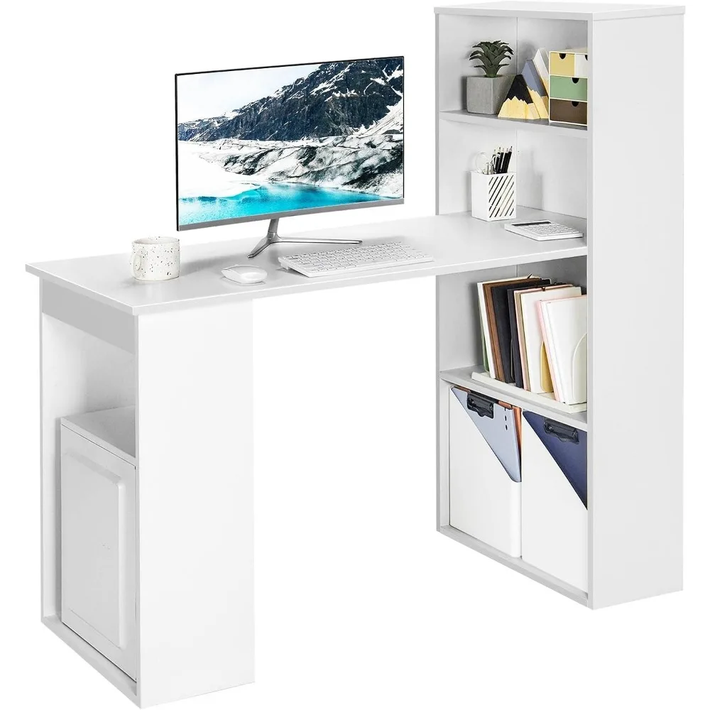 

White Computer Desk w/Bookshelf, Modern Home Office Desk w/Storage Shelves & CPU Stand, Space-Saving Design, Compact Corn