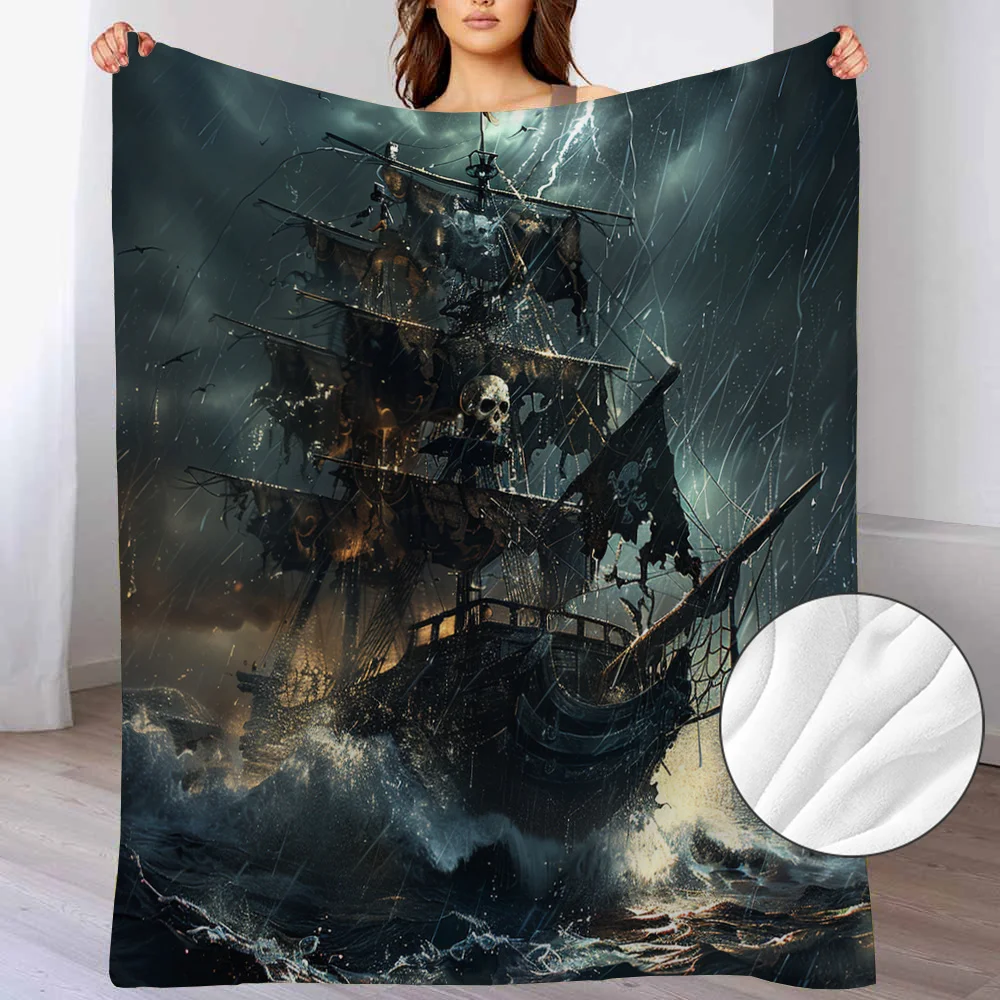 1pc Vintage Skull Pirate‑Ship‑Print Throw Blanket, Sofa & Bed Decor, Nautical Ocean‑Scene Holiday Gift
