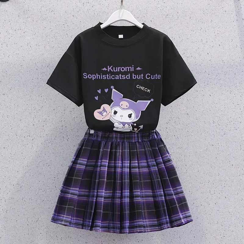 Sanrio Kuromi Kawaii Girls College Style T-shirt Skirt Suit Summer Clothes JK Uniform Skirt Short Sleeve T-shirt Two Piece Set