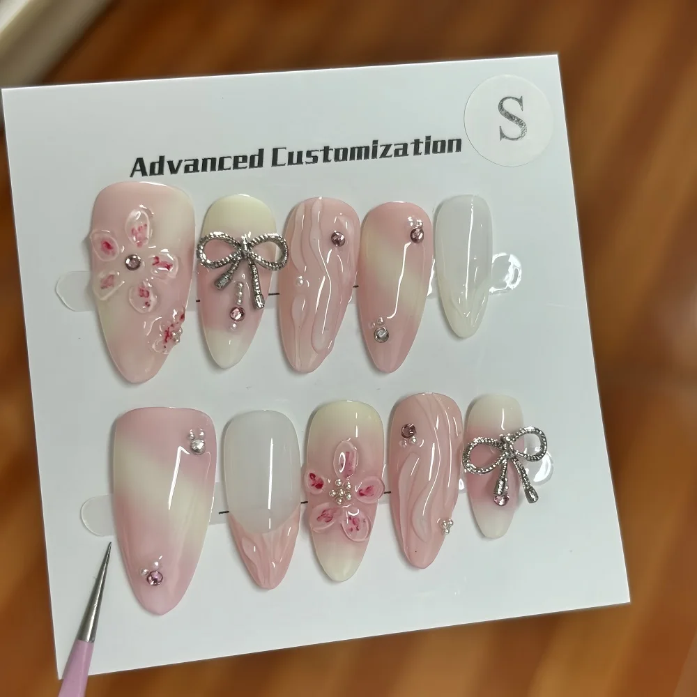 Press on Nails 10Pcs Manicure Handmade Art Medium Almond Pattern Fake Nails Cute 3D Bowknot Style Design Nail with Set