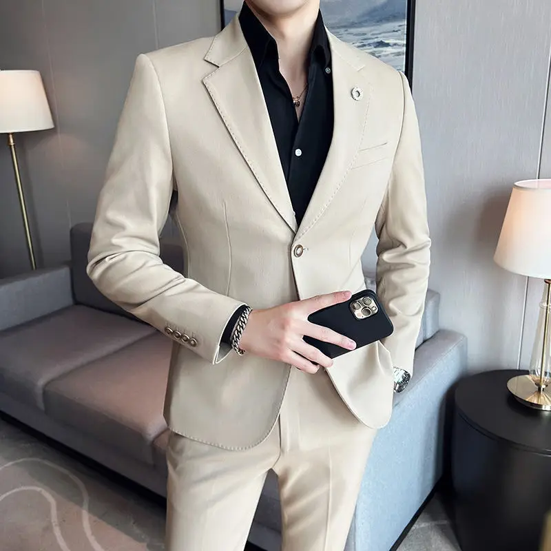 

1-E5 Spring and Summer Thin Casual Suit Men's Dipping Jackndsome Host Groom Best Man Group Dress Two-Piece Set