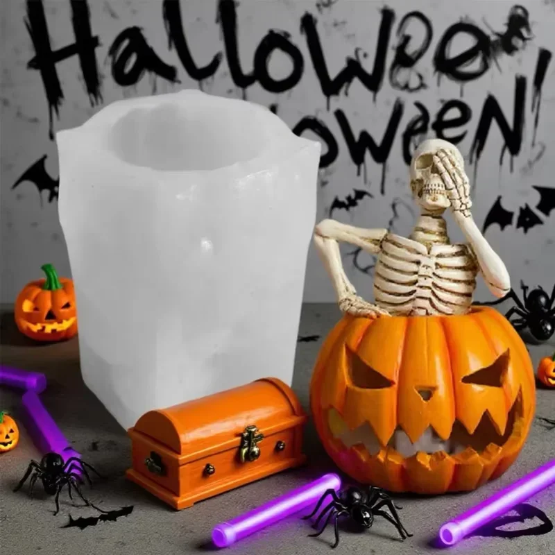 1PC Halloween Skeleton Pumpkin Silicone Mold, Ghost Pumpkin Candle Soap Gypsum Candy Making Mould for Halloween Decoration