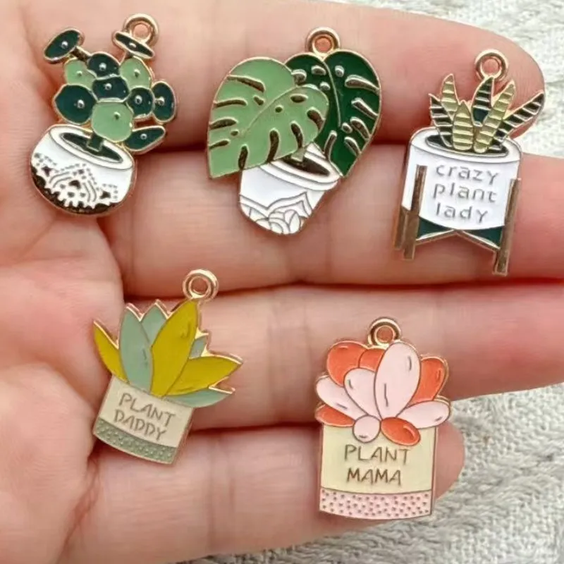 10pcs Green Plant Potted Cactus Charms Metal Alloy Enamel Pendant For DIY Handmade Accessories Necklace Jewelry Making Supplies