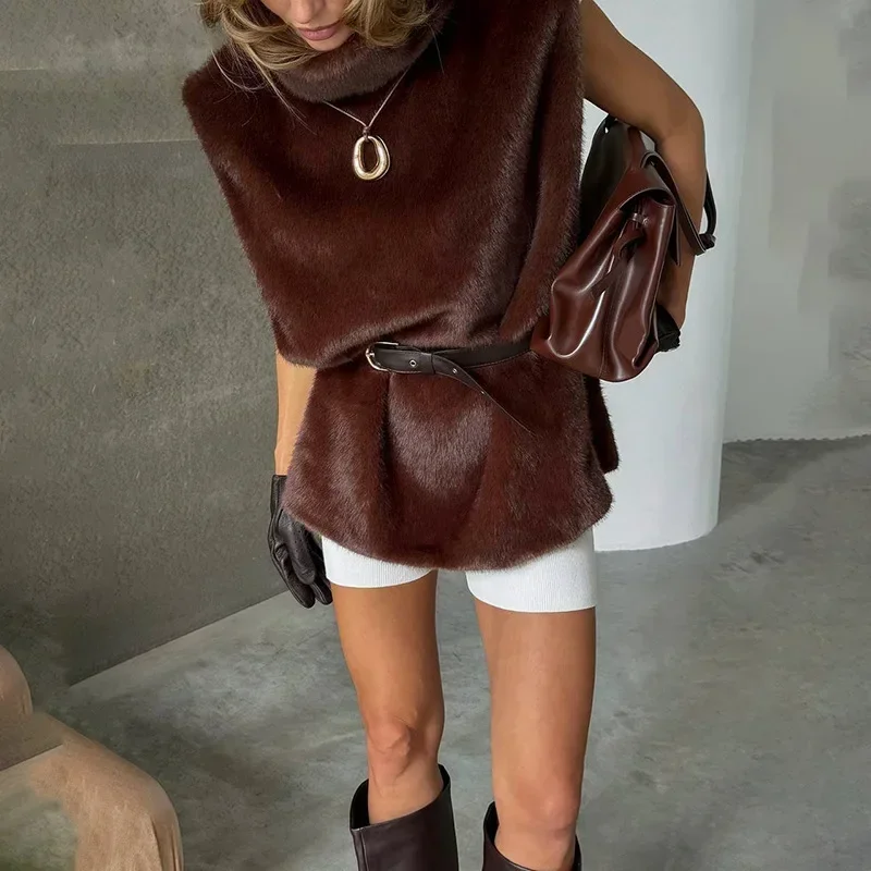 Women's Brown Furry Top Women's Brown Faux Fur Vest – Cropped