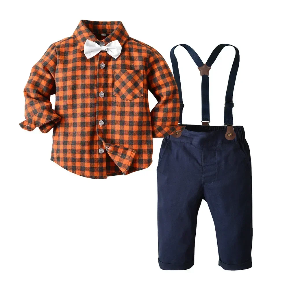 Children\'s Plaid Shirt and strap pants set for Boys with Bow Tie baby boy clothes 0 to 3Y Autumn Boys Clothes 70-130cm