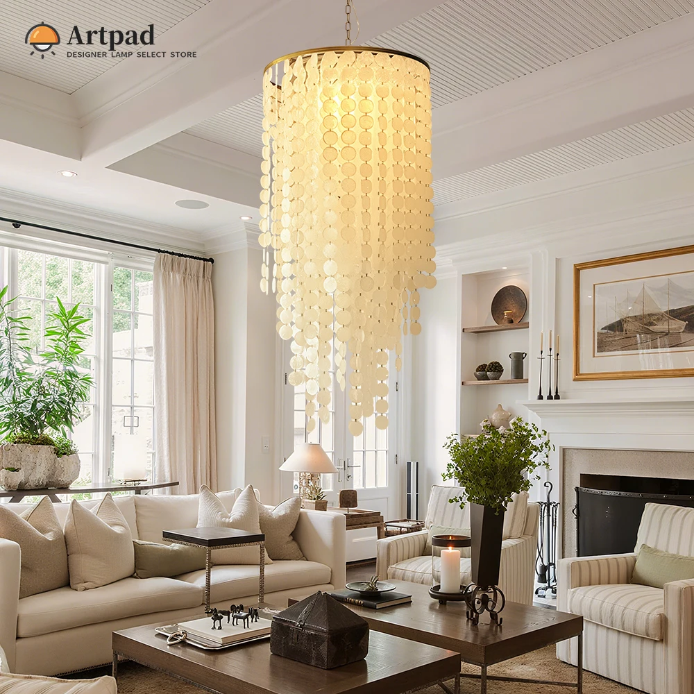 Natural White Shell Chandelier Modern Vertical Long Round Pendant Lamp with Gold Frame for Villa Staircase Living Room Foyer