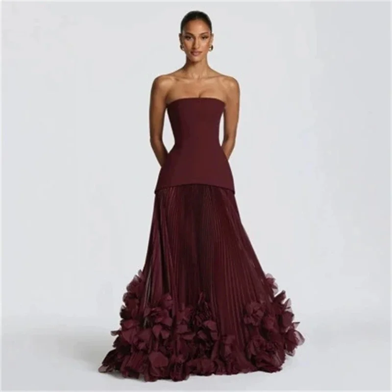 

Strapless Evening Dress Pleated Chiffon Floor Length Floral Petal Formal Gown For Wedding Party